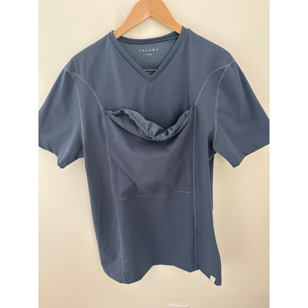 Lalabu Dad Shirt Babywearing Kangaroo Pouch Top Blue Gray Mens Large V-Neck